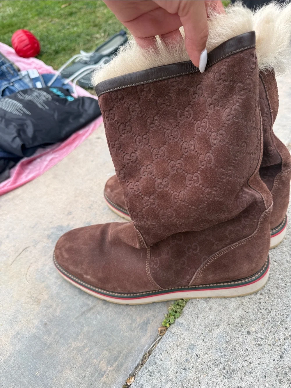 Gucci Brown Suede Fur-Trim Mid-Calf Boots